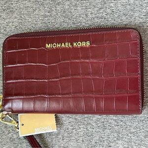 Michael Kors Deep Red Alligator Textured Wristlet